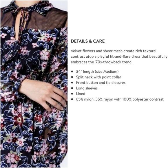 Moon River Navy Velvet Floral and Mesh Long Sleeve Mini Dress - Picture 3 of 9